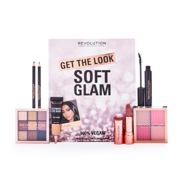Get The Look - Soft Glam Set Makeup Revolution: Satin Kiss, Cream Lipstick, Chauffeur, 3.5 g + Satin Kiss, Lip Liner, Chauffeur, 1.15 g + Ultimate Eye Base, Eye Primer, 15 ml + Soft Glam, Eyeshadow Palette, 9 Shades, 9 g + Soft Glam, Face Palette, 4 g + Soft Glam, Kohl Eyeliner, Black, 1.15 g