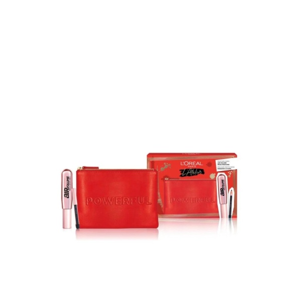 Atelier Kit Set L'Oreal Paris: Air Volume, Mascara, Black, 9.4 ml + Paradise, Kajal Eye Pencil, 1.2 g + Textile Makeup Bag, Red