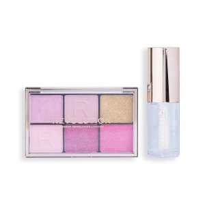 Mini Soft Glam Heroes Set Makeup Revolution: Reloaded, Eyeshadow Palette, HeartBreaker, 6 Shades, 4.2 g *Miniature + Pout Bomb, Vegan, Lip Gloss, Glaze, 4 ml