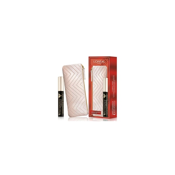 Set L'Oreal Paris: Textile Makeup Bag, Cream + Voluminous X5, Volumizing, Mascara, Extra Black, 7.5 ml