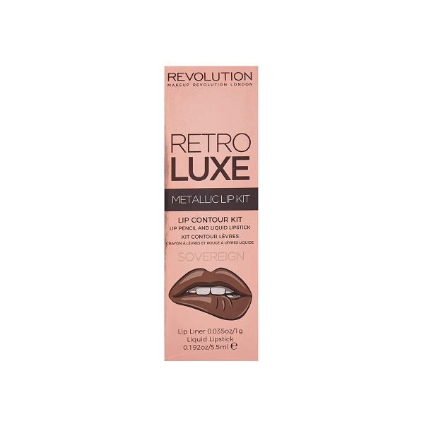 Set Makeup Revolution: Retro Luxe, Metallic, Liquid Lipstick, Sovereign, 5.5 ml + Retro Luxe, Lip Liner, Sovereign, 1 g
